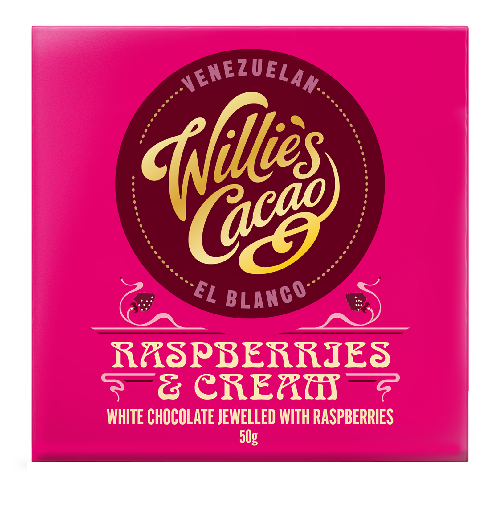 Raspberries & Cream. White chocolate w. raspberries 50g bar