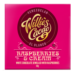 Raspberries & Cream. White chocolate w. raspberries 50g bar