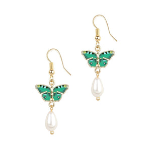 Butterfly Pearl Drop Earrings - Green