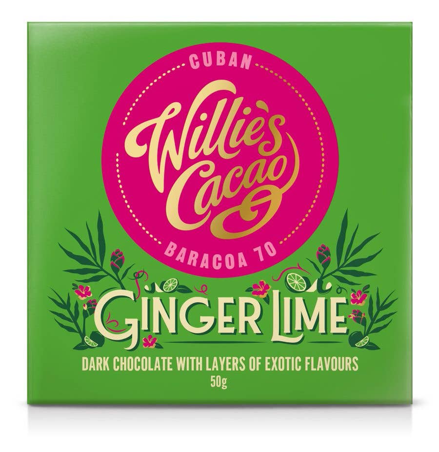 Ginger Lime. Dark chocolate w. ginger & lime. Vegan. 50g bar