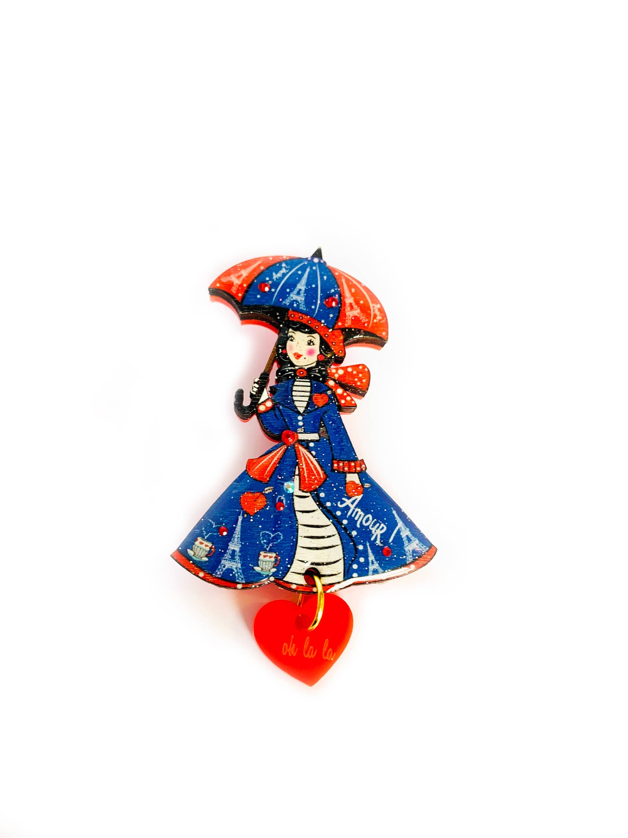 Paris acrylic quirky umbrella lady brooch by Rosie Rose Parker