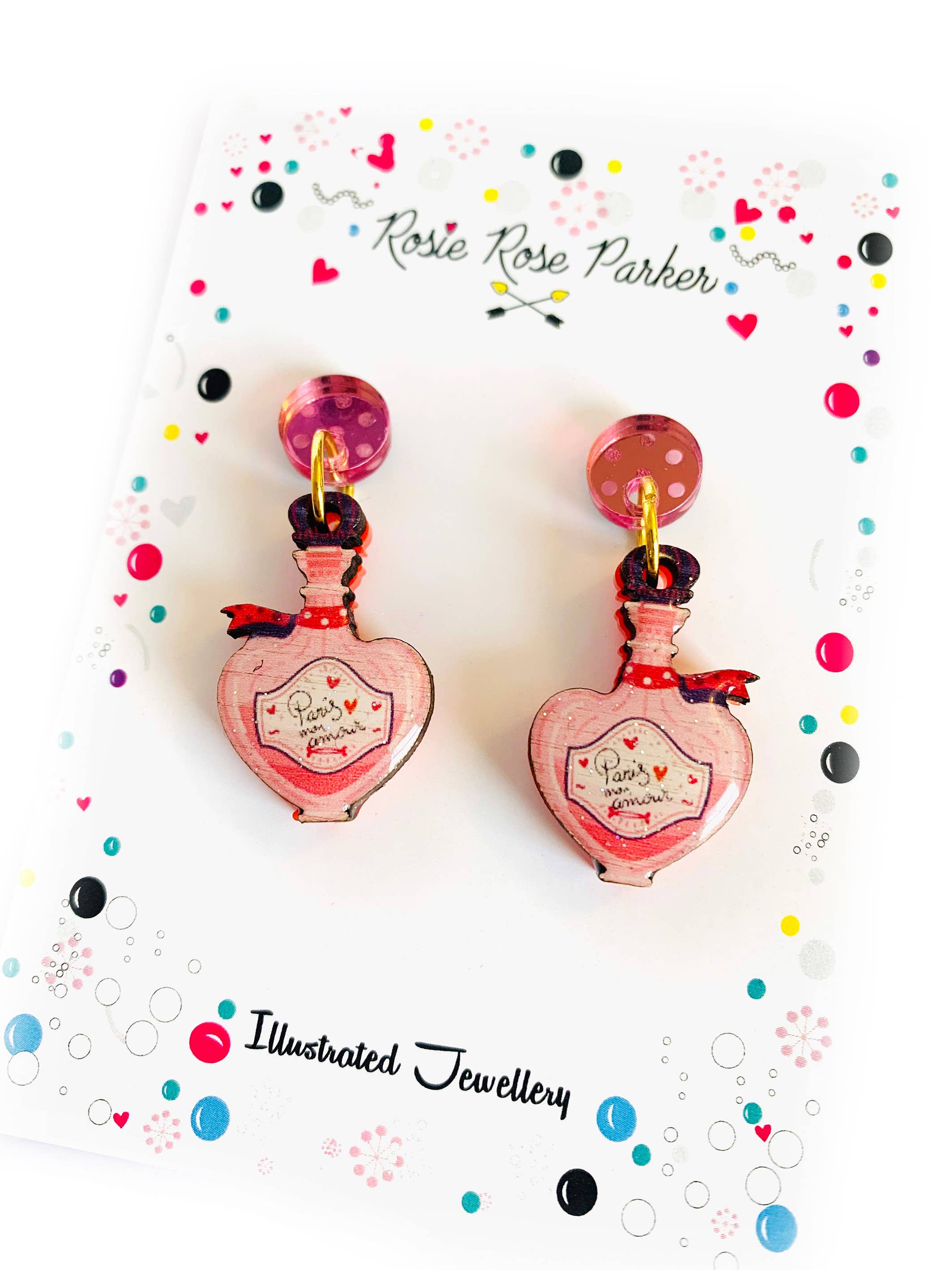 Paris perfume bottle handmade uk quirky statement earrings by Rosie Rose Parker