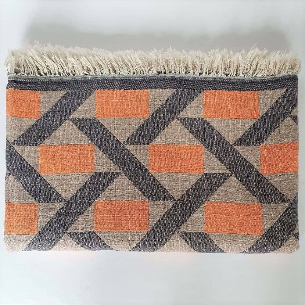 Camden Soft Cotton Jacquard Throw: Marigold Orange on Taupe