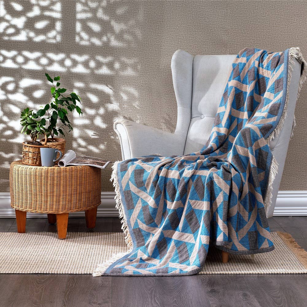 Camden Soft Cotton Jacquard Throw: Turquoise Blue on Taupe