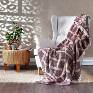 Camden Soft Cotton Jacquard Throw: Plum Purple on Taupe