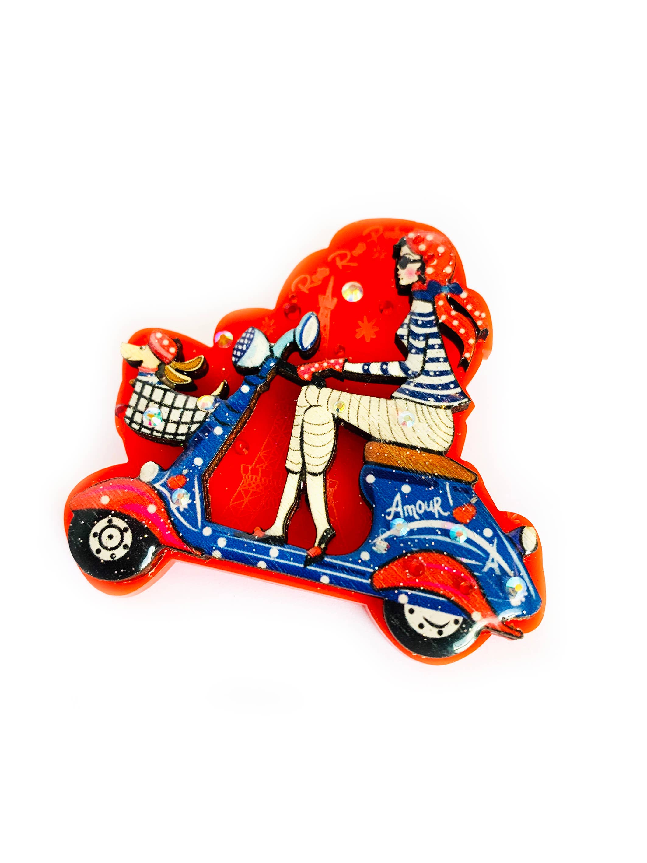 Moped scooter unusual quirky brooch pin by Rosie Rose Parker