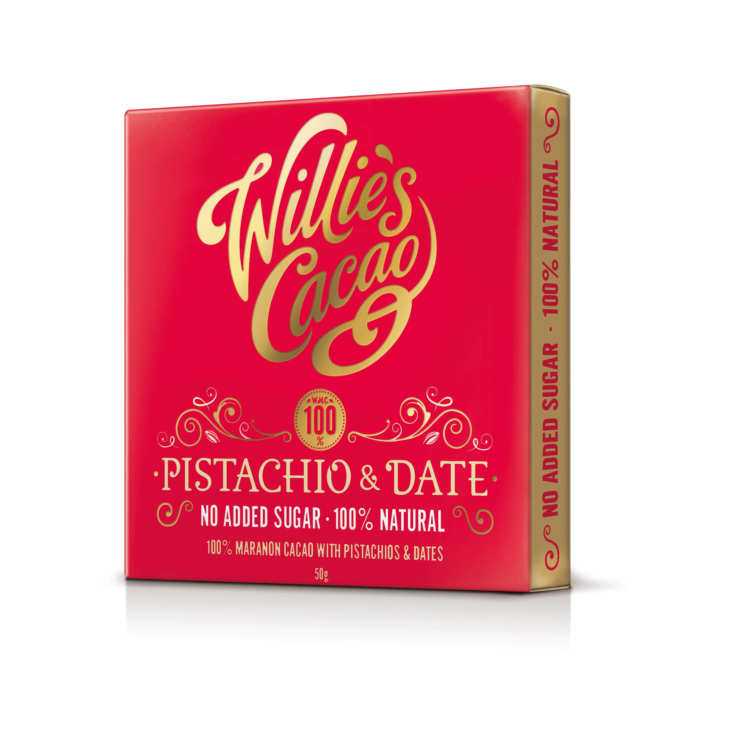 Pistachio & Date. 100% cacao. No added sugar. Vegan. 50g bar