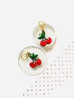 Load image into Gallery viewer, Retro cherry earrings on huggie hoops, cherry jewellery
