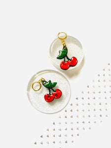 Retro cherry earrings on huggie hoops, cherry jewellery