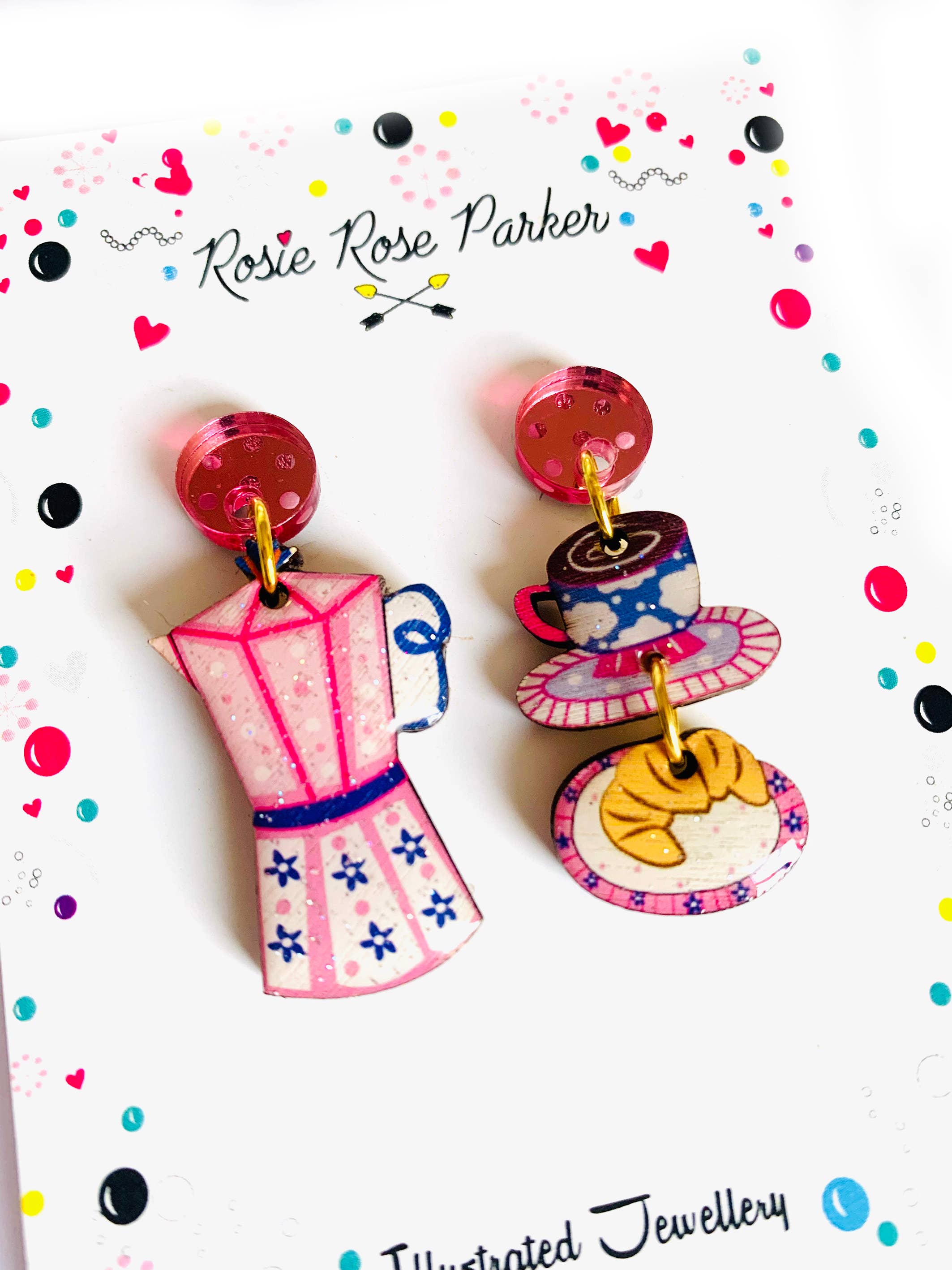 Funky statement food 'time for croissants and coffee' handmade earrings by Rosie Rose Parker