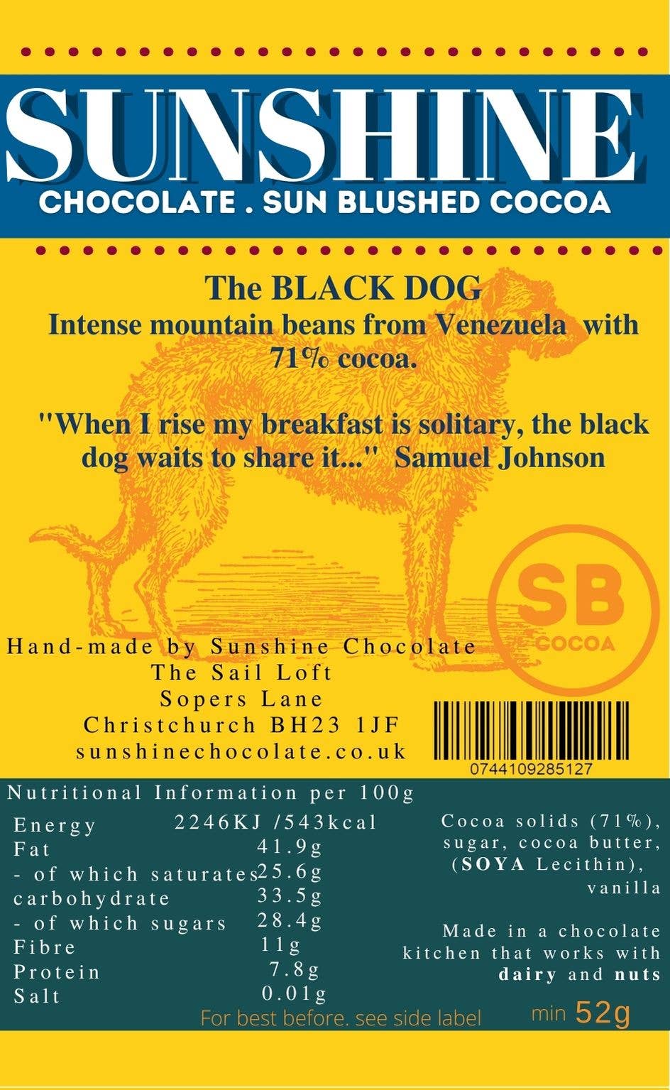 Sunshine Chocolate Black Dog dark chocolate melt bar