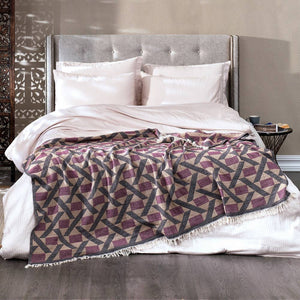 Camden Soft Cotton Jacquard Throw: Plum Purple on Taupe