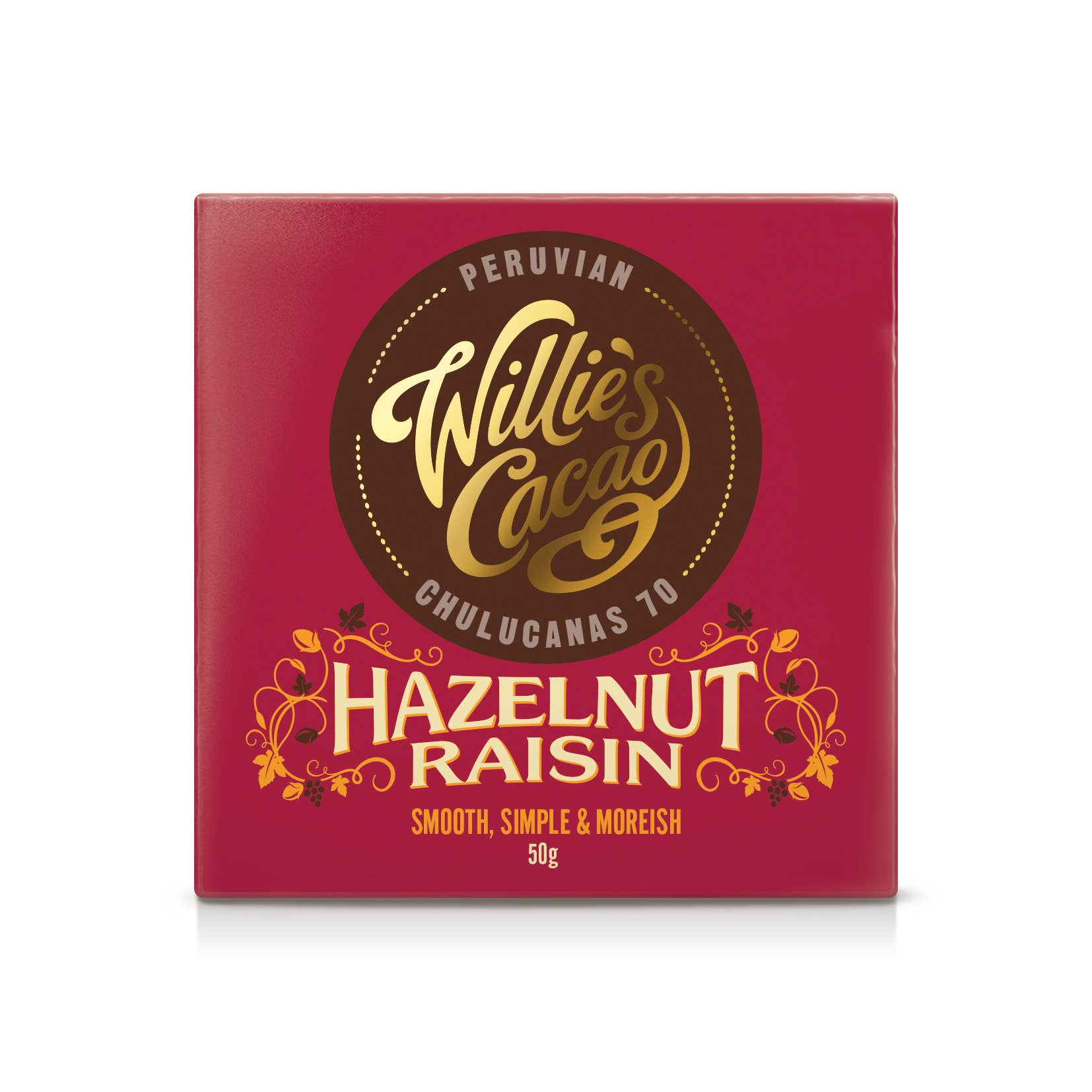 Hazelnut Raisin. Dark chocolate. Vegan. 50g bar