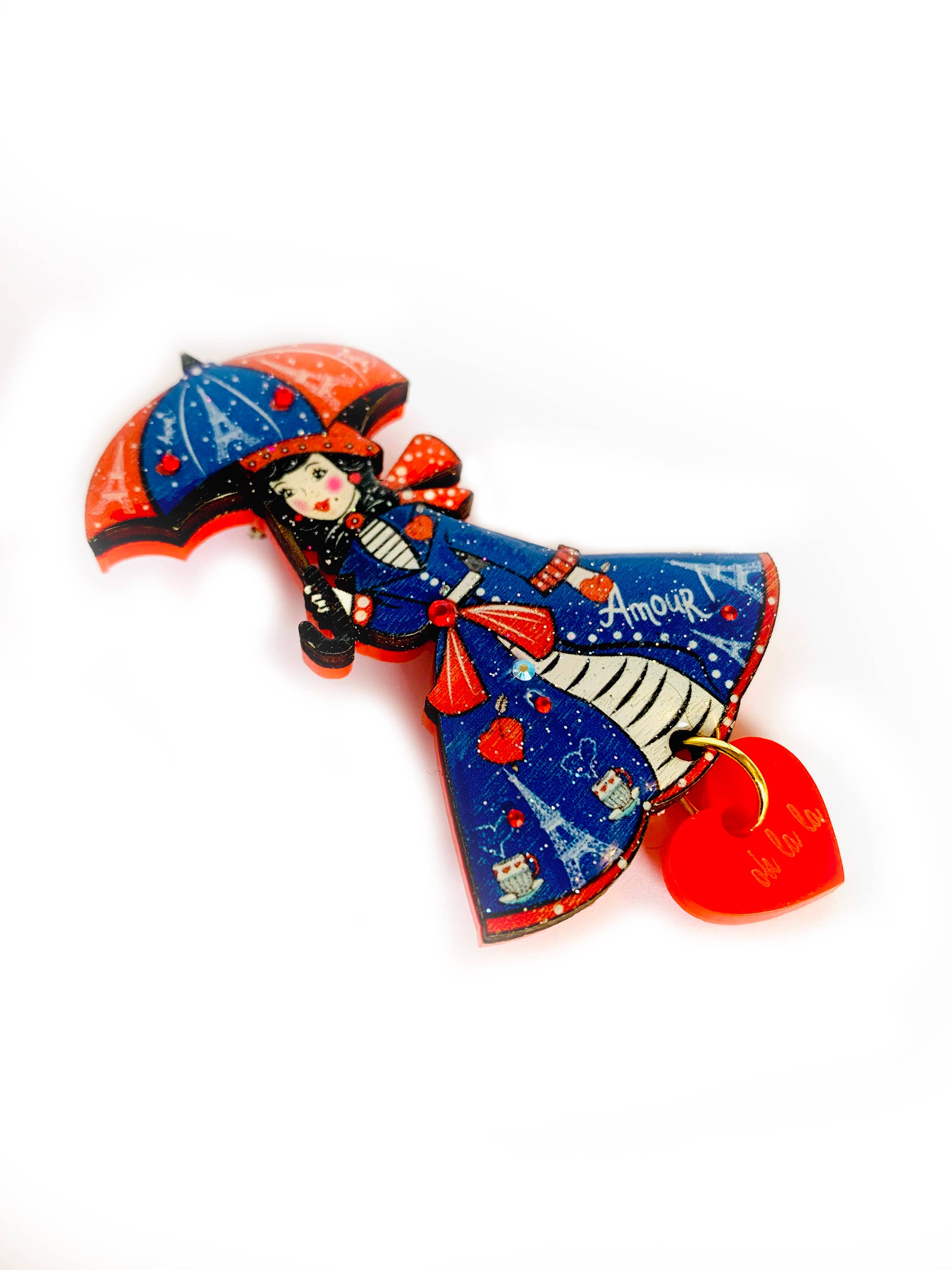 Paris acrylic quirky umbrella lady brooch by Rosie Rose Parker