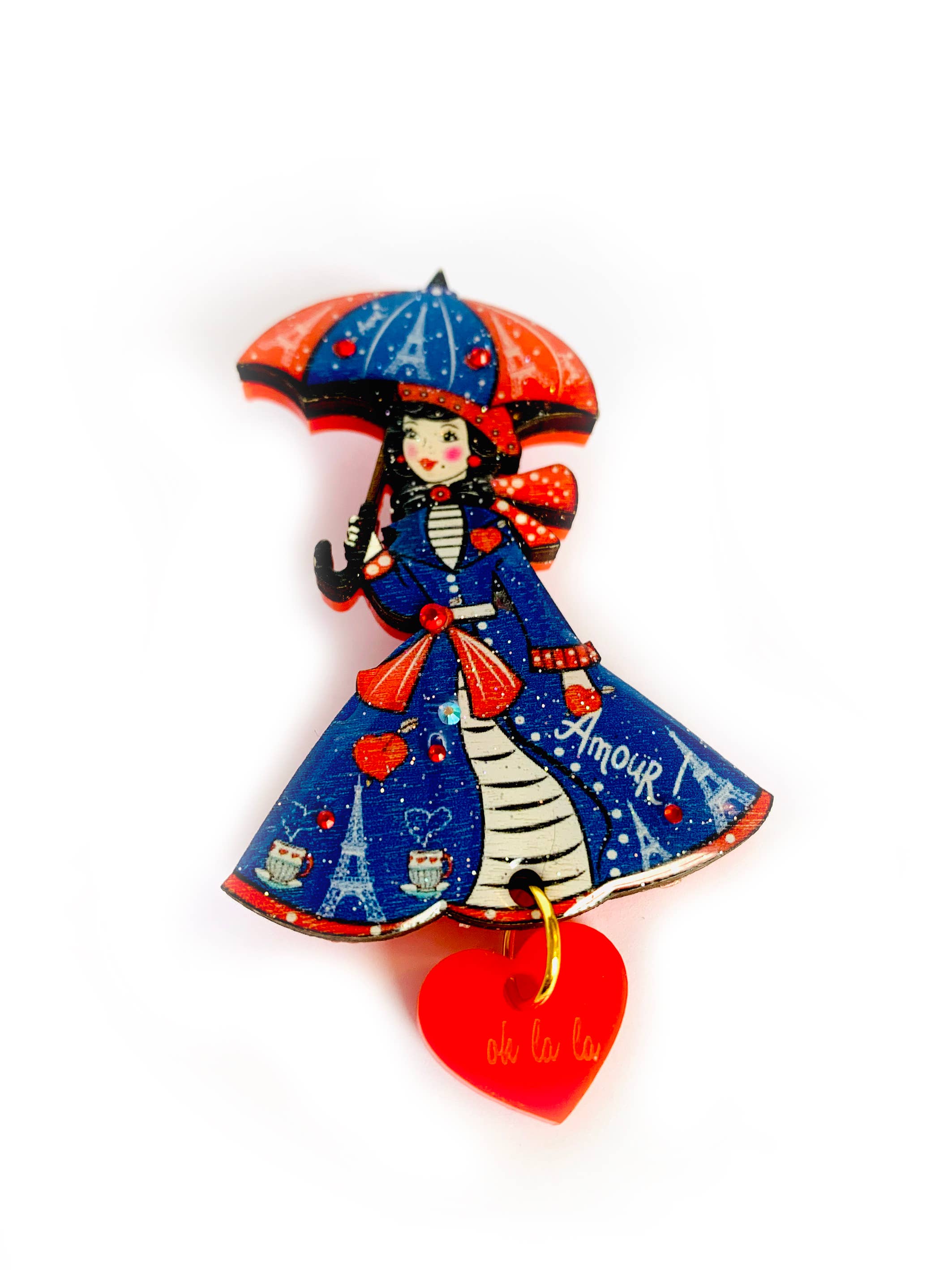 Paris acrylic quirky umbrella lady brooch by Rosie Rose Parker