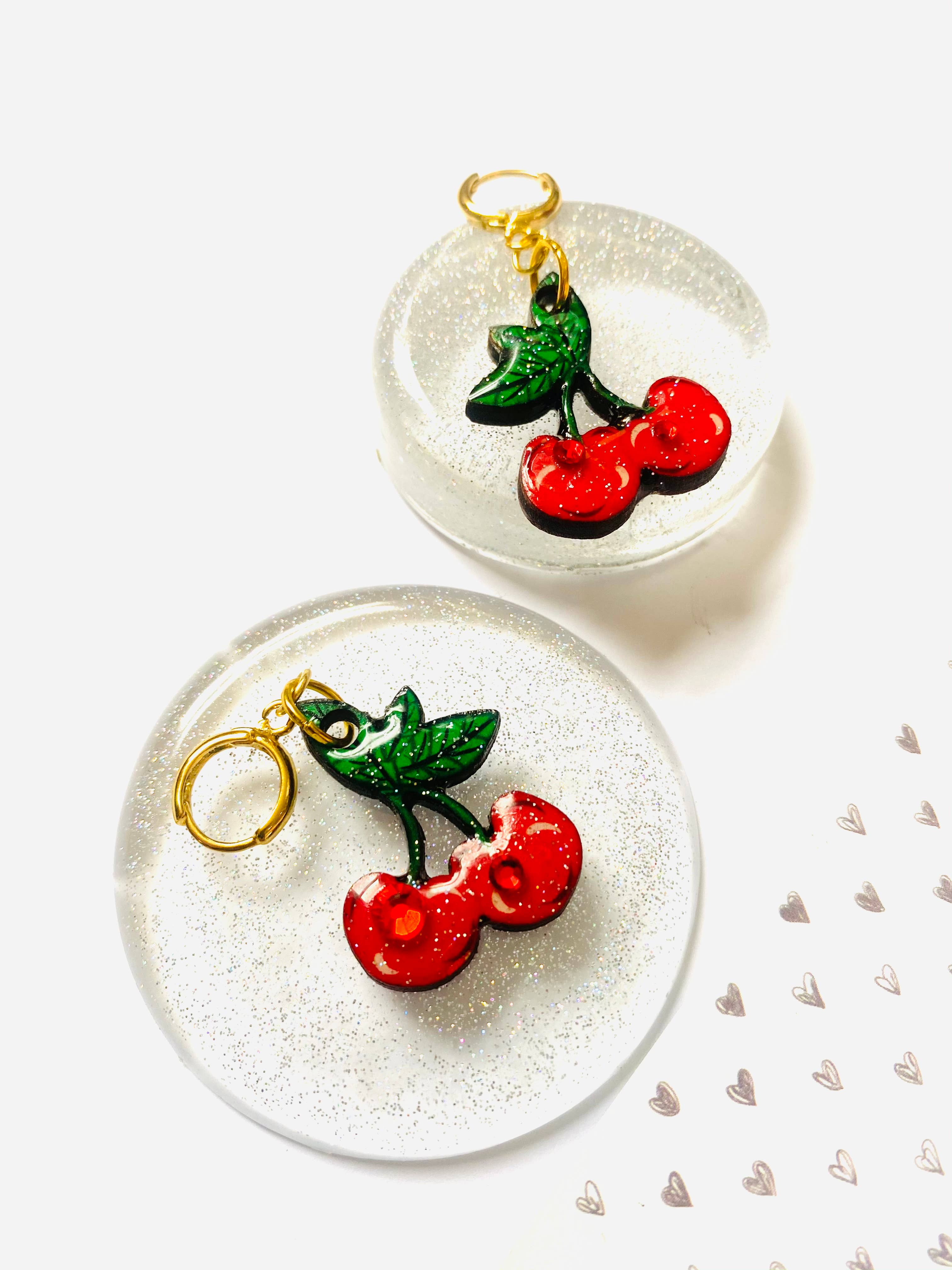 Retro cherry earrings on huggie hoops, cherry jewellery