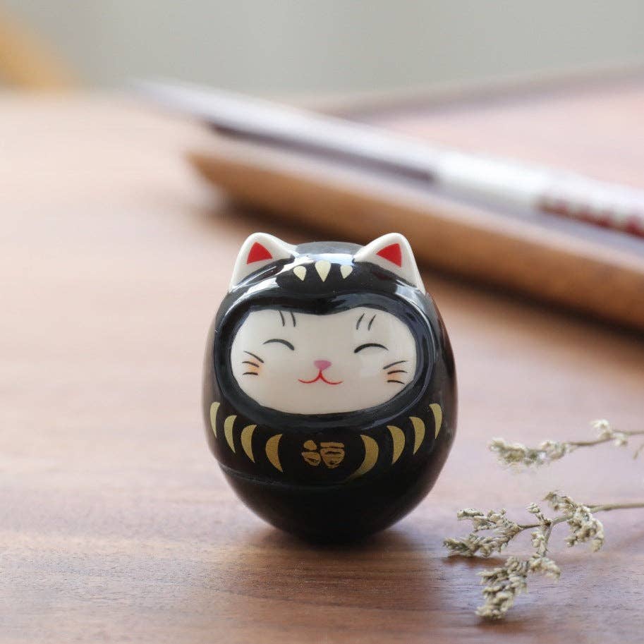 Handmade Ceramic Lucky Cat Ornament Tumbler: Black