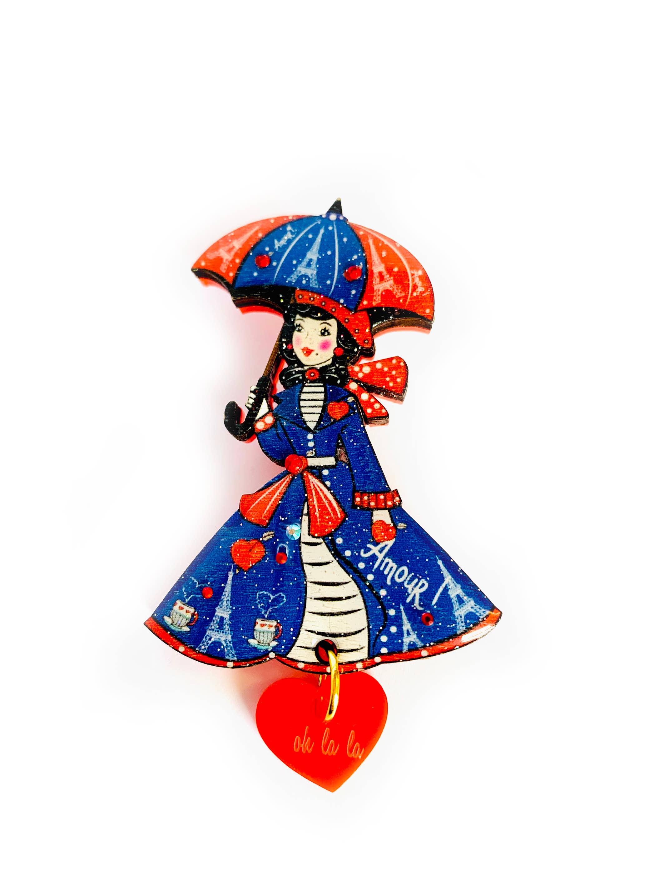 Paris acrylic quirky umbrella lady brooch by Rosie Rose Parker