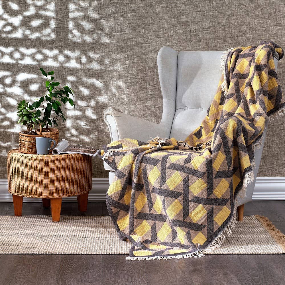 Camden Soft Cotton Jacquard Throw: Mustard Yellow on Taupe