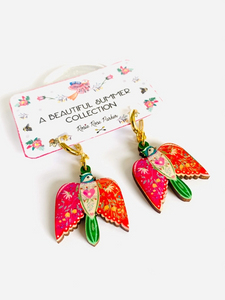 Colourful bird dangle hoop earrings