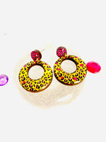 Load image into Gallery viewer, Leopard print yellow dangle earrings quirky vintage
