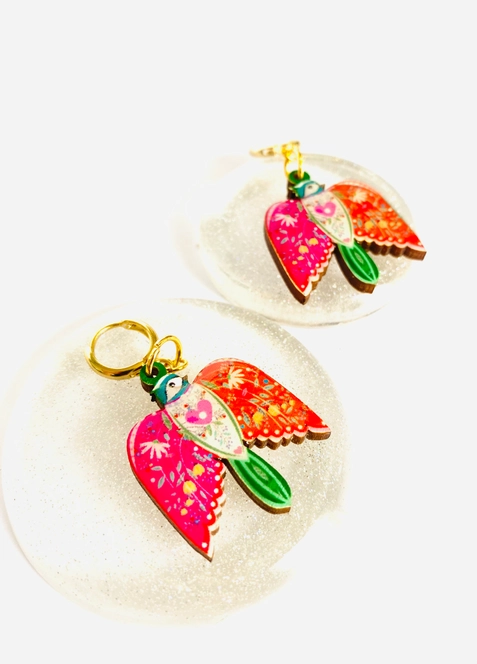 Colourful bird dangle hoop earrings