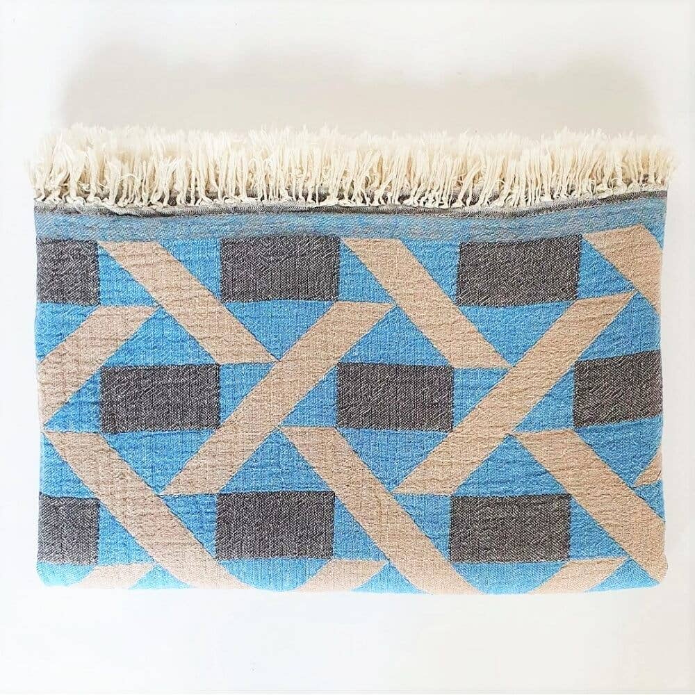 Camden Soft Cotton Jacquard Throw: Turquoise Blue on Taupe