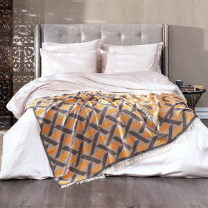 Camden Soft Cotton Jacquard Throw: Marigold Orange on Taupe