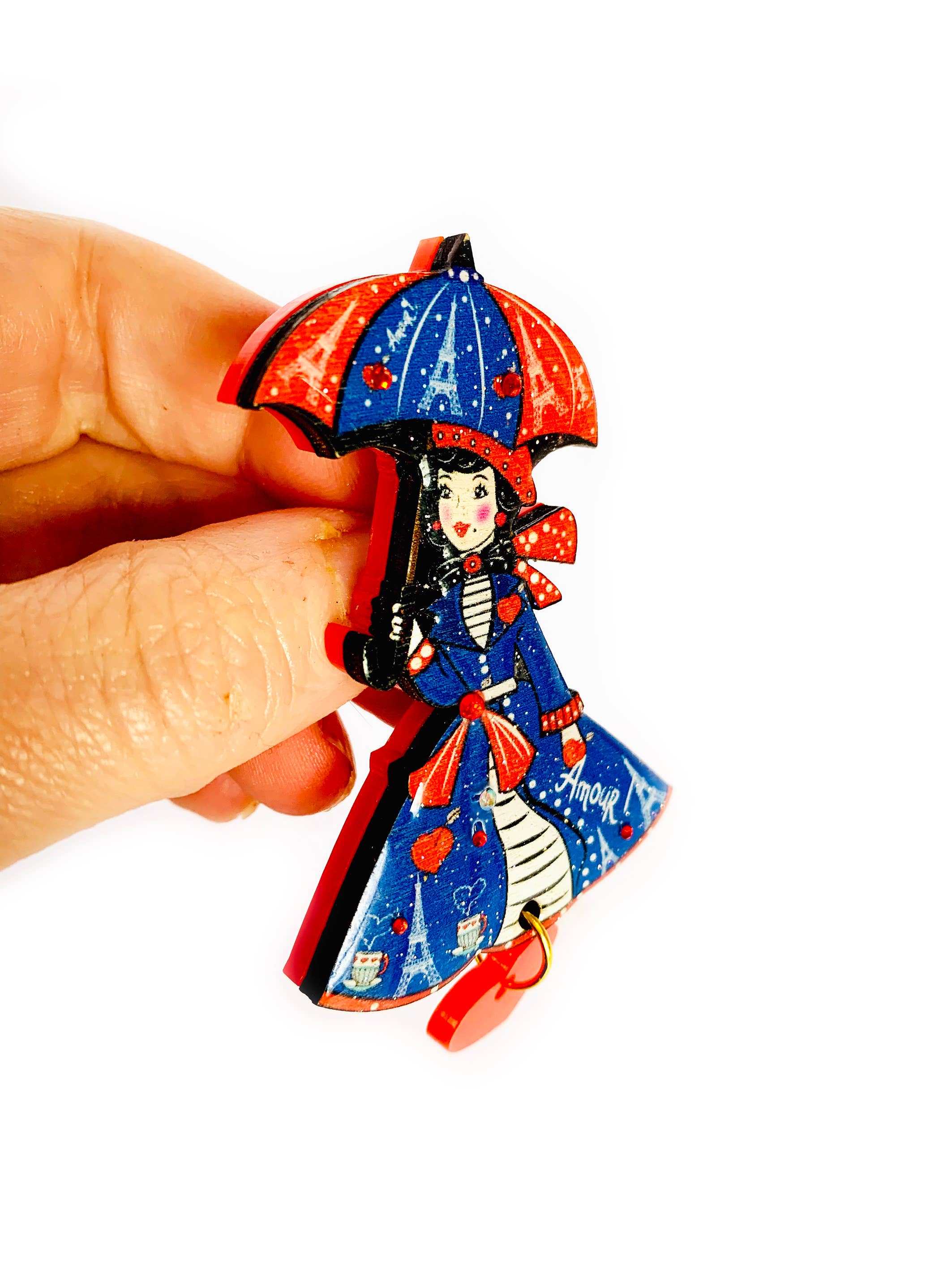 Paris acrylic quirky umbrella lady brooch by Rosie Rose Parker