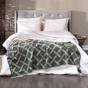 Camden Soft Cotton Jacquard Throw: Bottle Green on Taupe