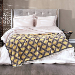 Camden Soft Cotton Jacquard Throw: Mustard Yellow on Taupe