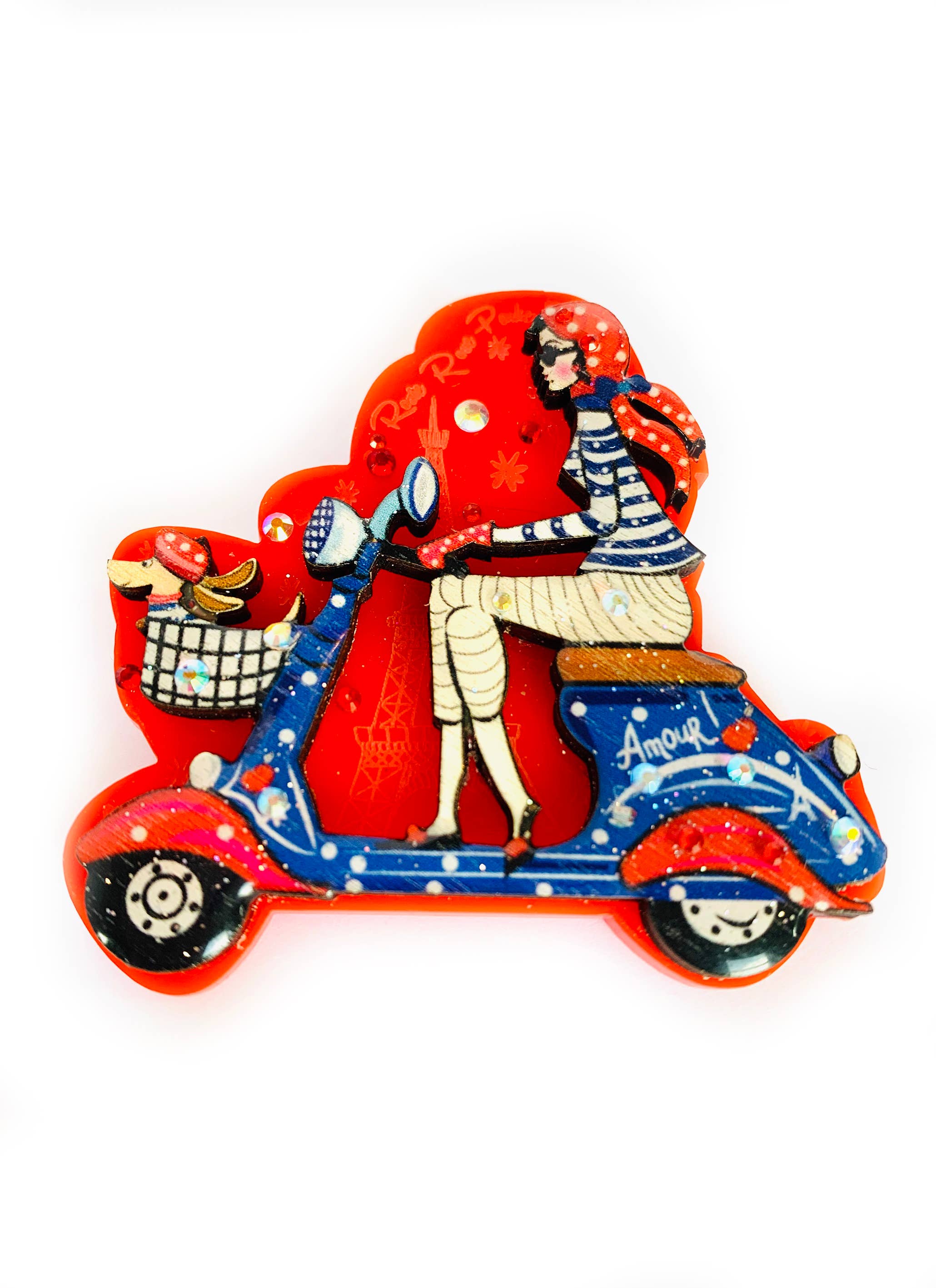 Moped scooter unusual quirky brooch pin by Rosie Rose Parker