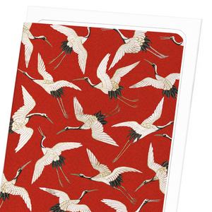 CRANE EMBROIDERY ON RED : Greeting Card