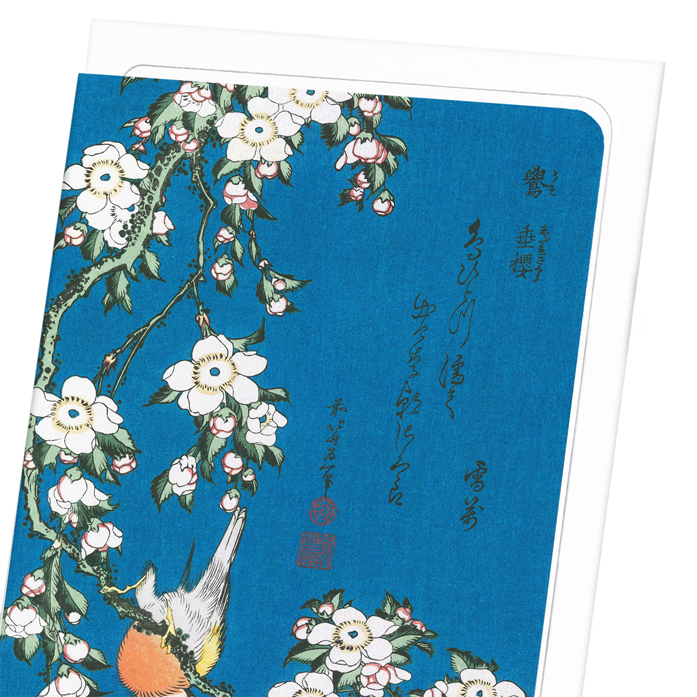 BULLFINCH AND DROOPING CHERRY: Japanese Greeting Card