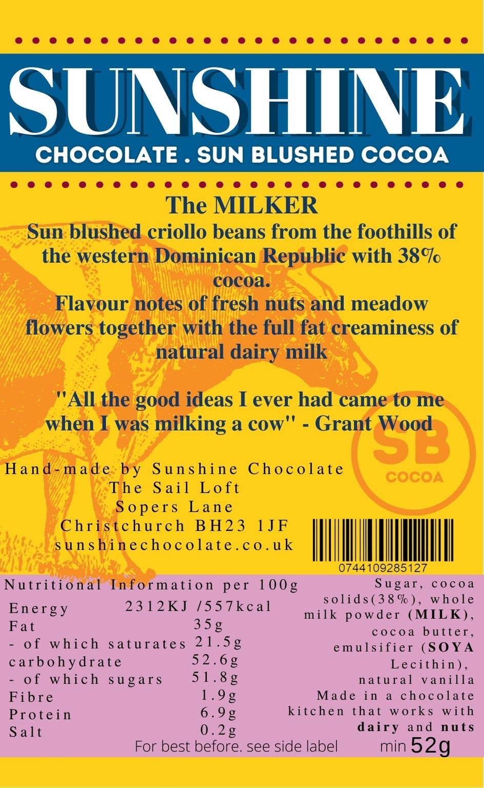 Sunshine Chocolate The Milker - milk chocolate melt bar