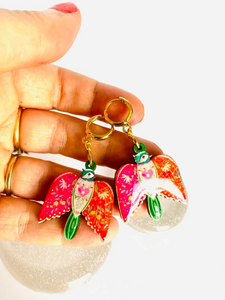 Colourful bird dangle hoop earrings