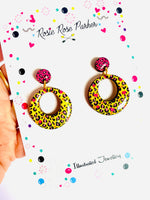 Load image into Gallery viewer, Leopard print yellow dangle earrings quirky vintage
